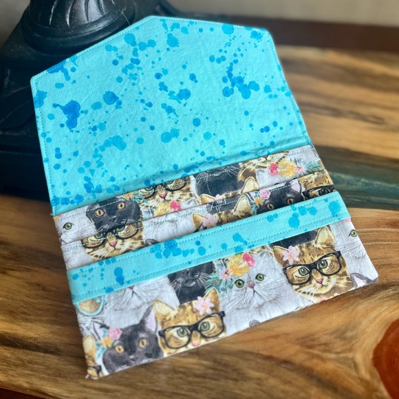 Cash Envelope/Receipt holder Fabric Handmade Wallet Kitty Cats with Glasses - Picture 3 of 4